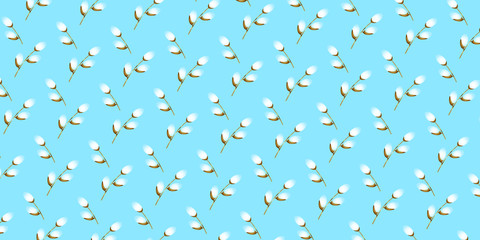 Willow branches on a blue background. Easter holiday packaging. Vector illustration