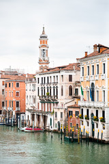 Picturesque Cityscape of Venice. Old Buildings on Grand Canal. Italy. Cloudy Sky.