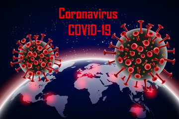 Coronavirus 2019-ncov with earth on background. Wuhan virus disease. Banner with Coronavirus red cell molecule. vector illustration.