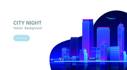 Night city panorama.Cityscape on a dark background with bright and glowing neon purple and blue lights. Wide highway side view. Cyberpunk and retro wave style Vector illustration.