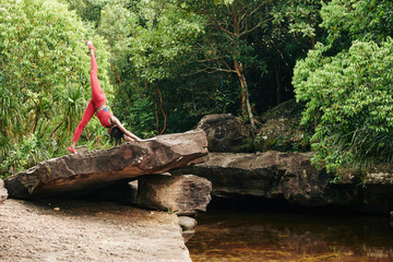 Flexible slim yuong woman bending forward and raising leg when practicing yoga in forest