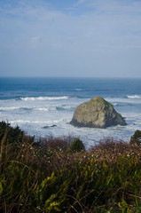 A long view of the large rock cliff formation off the coastline shores of the oregon country side. 