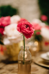 Pink Ranunculus in a glass vase as a part of floral decor for a wedding celebration