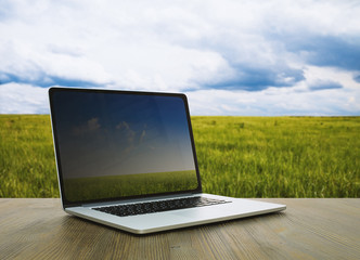 pc on table, fields