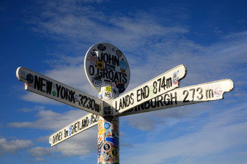 John O'Groats (Scotland), UK - August 04, 2018: Multi directional signpost at John O'Groats area,...