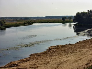 A wide river with a wide floodplain on a late Sunny summer morning.