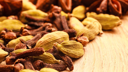 Spices cardamom anise stars and cloves