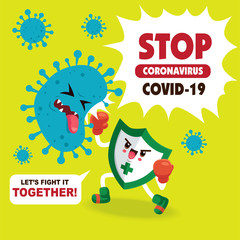 Vector cartoon hero character fighting with virus. COVID-19 Novel Coronavirus illustation.