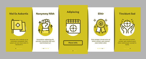 Fototapeta premium Goal Target Purpose Onboarding Mobile App Page Screen Vector. Goal Aim On Planet And Lightbulb, Atom And Flag, Calendar And Medal Award Color Contour Illustrations