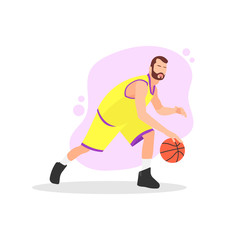 Young adult man with beard in a basketball outfit or uniform dribbling and holding a ball. Basketball match or competition concept. Yellow and purple - Simple flat vector character illustration.
