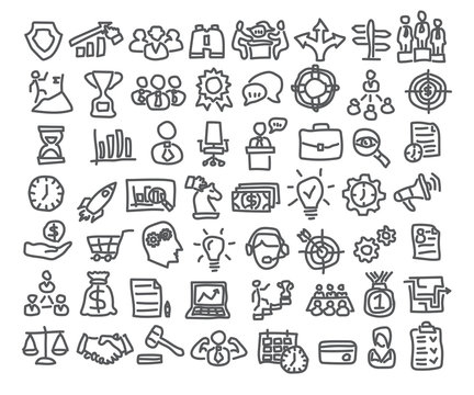Business Icons in hand drawn style on white background