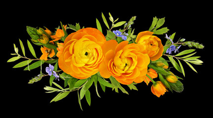 Orange ranunculus and ornithogalum flowers in a floral composition
