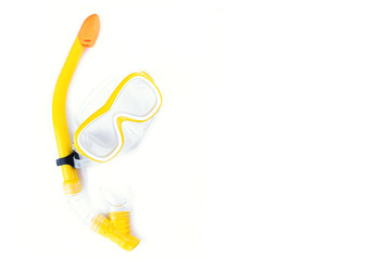 Banner with white and yellow diving mask and snorkel isolated on white. Summer sports and activities. Underwater swimming, snorkeling, diving concept. Summer travel. Active leisure and vacatons