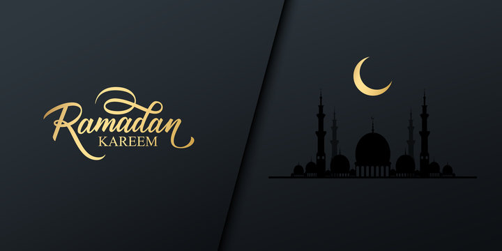 Ramadan celebrate banner with golden colored handwritten inscription Ramadan Kareem, gold crescent moon and black mosque. Muslim holy month vector illustration.
