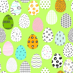 Seamless vector Happy Easter pattern. Easter eggs painted with colored Scandinavian ornaments on green pastel background. Festive spring Polka dot, stripes, crosses illustration. Cute Easter Symbols