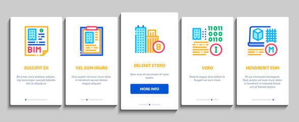 Bim Building Information Modeling Onboarding Mobile App Page Screen Vector. Building Document And Plan, Research And Build Construction, Bridge And Apartment Color Contour Illustrations