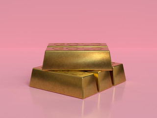 gold bar square gold shiny 3d rendering pink background