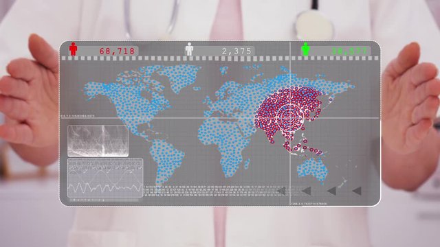 Healthcare professional hands presenting virtual screen with animation of virus infection spreading across the world map. Analyzing data on outbreak, development and status of a pandemic