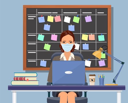 Business Woman Working At Desk With Medical Mask Planning Schedule On Task Board Concept. Planner, Calendar On Whiteboard. List Of Event For Employee. Vector Illustration In Flat Style