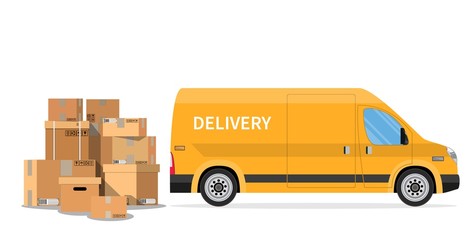 delivery truck van and cardboard boxes with fragile signs isolated on white background. Online delivery service concept. delivery home and office. Fast service truck. Vector illustration in flat style