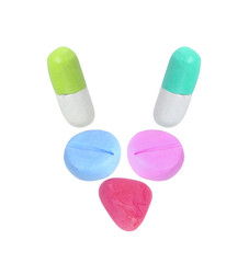 miniature drug model arrange in alphabet isolated on white background