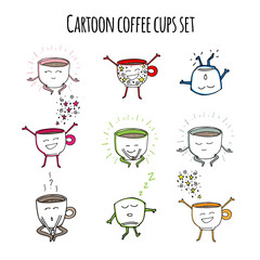 Cartoon character coffee tea cups set vector