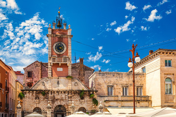 Clock tower on the People's Square in historic center of the Zadar town at the Mediterranean Sea,...
