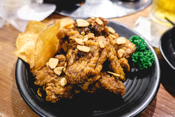 Korean style chicken with peanuts and chips at Korean neighborhood, Tokyo