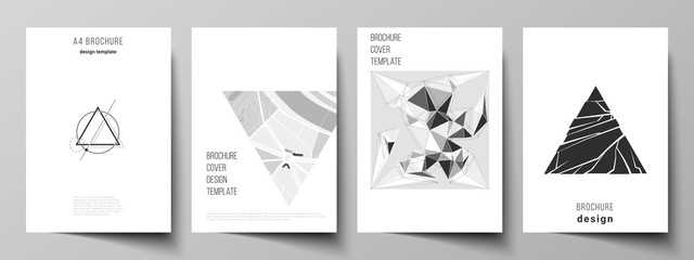 Vector layout of A4 format modern cover mockups design templates for brochure, magazine, flyer, booklet, report. Abstract geometric triangle design background using different triangular style patterns