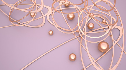 Gold figures on a pink background. Abstract composition of balls and rings. 3D illustration