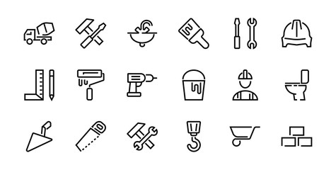 A set of construction icons, simple vector lines, contains the following icons builder, roller, hammer with wrench, toilet bowl and much more. Editable stroke. 48x48 pixels perfect, white background