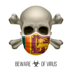 Human Skull with Crossbones and Surgical Mask in the Color of National Flag Sri Lanka. Mask in Form of the Flag and Skull as Concept of Dire Warning that the Viral Disease Can be Fatal.