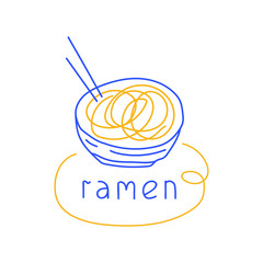 Japanese ramen noodle soup. Vector hand drawn outline illustration on white background.