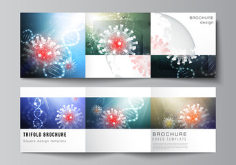 Vector layout of square covers templates for trifold brochure, flyer, cover design, book design, brochure cover. 3d medical background of corona virus. Covid 19, coronavirus infection. Virus concept.