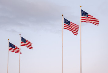A row of waving US flags on the sky background