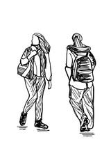 Illustration Hand drawn Sketch - Women carrying shoulder bags traveling in opposite
 directions, outline vecter.