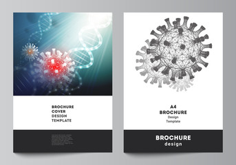 Vector layout of A4 cover mockups templates for brochure, flyer layout, booklet, cover design, book design. 3d medical background of corona virus. Covid 19, coronavirus infection. Virus concept. - obrazy, fototapety, plakaty