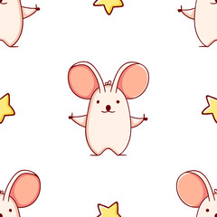 Simple seamless pattern, cute kawaii hand drawn mouse doodles