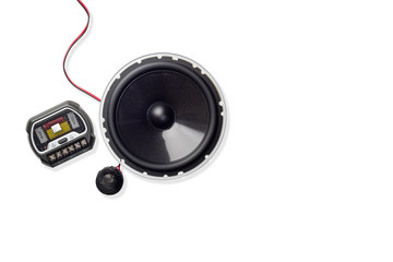 Fototapeta premium car audio, car speakers, subwoofer and accessories for tuning. Top view