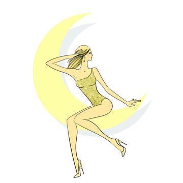 Beautiful young woman in a gold swimsuit sitting on the moon. The symbol of the moon.Vector isolated stock illustration on white background.The concept of a nightclub.