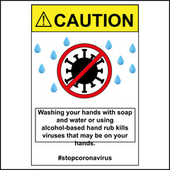 Hand wash reminder sticker. Attention label for Sanitizer bottle and soap. Disinfectant Bottle badge. Vector Illustration isolated on white background.