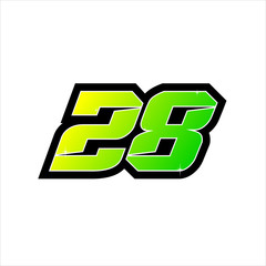 Vector Racing number 28, start racing number, sport race number with halftone dots style isolated on white background