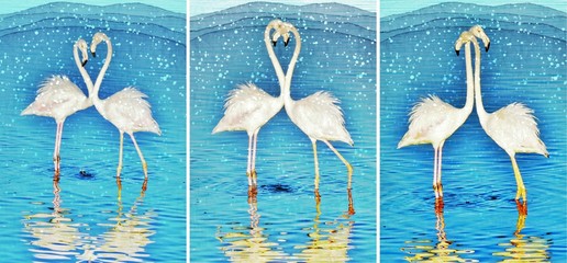 Collage with two Flamingos madly in love