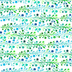 Leaves and fruits watercolor pattern blue green