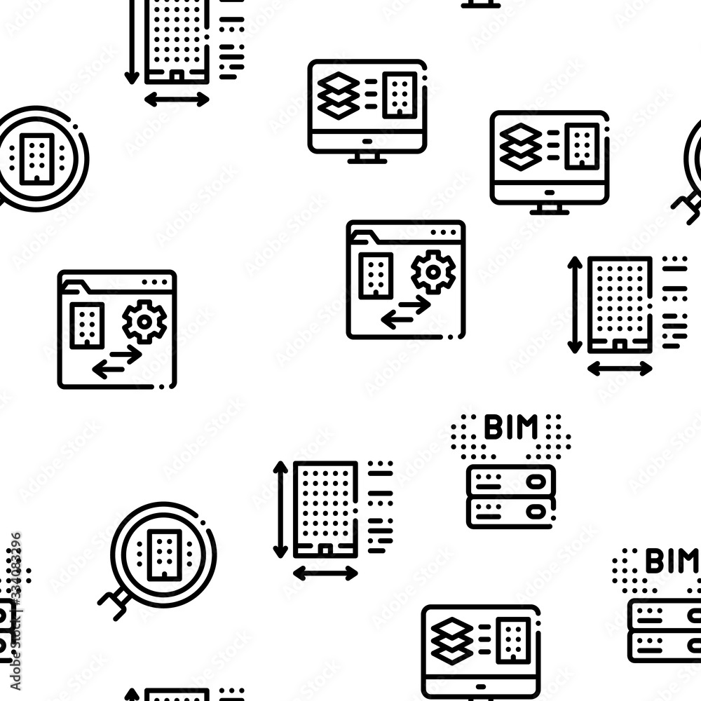 Poster bim building information modeling seamless pattern vector thin line. illustrations