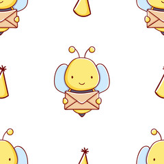 Simple seamless pattern, cute kawaii hand drawn bee doodles