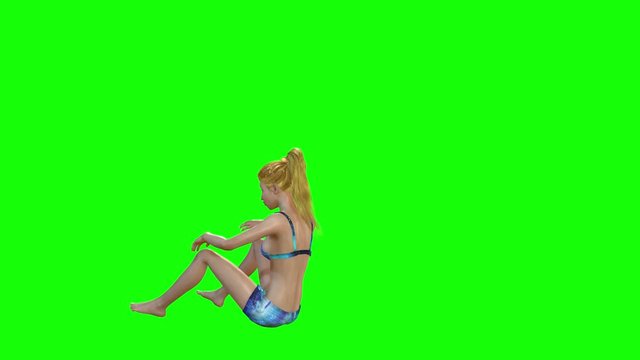 4k 3d animation of a young avatar woman dressed in a bikini, lies on beach in different positions..