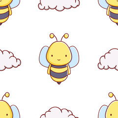 Simple seamless pattern, cute kawaii hand drawn bee doodles