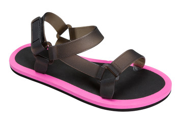 summer rubber sandals with a pink fringing, on a white background, summer shoes