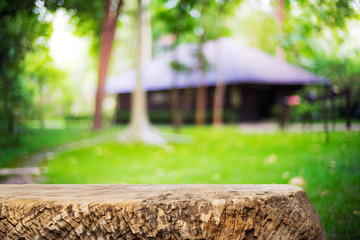 Empty wooden table platform over Nature bokeh garden background for presentation product.
